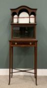 EDWARDIAN CROSSBANDED MAHOGANY DISPLAY TOP SIDE TABLE, (marriage), shaped top canopy mirror,