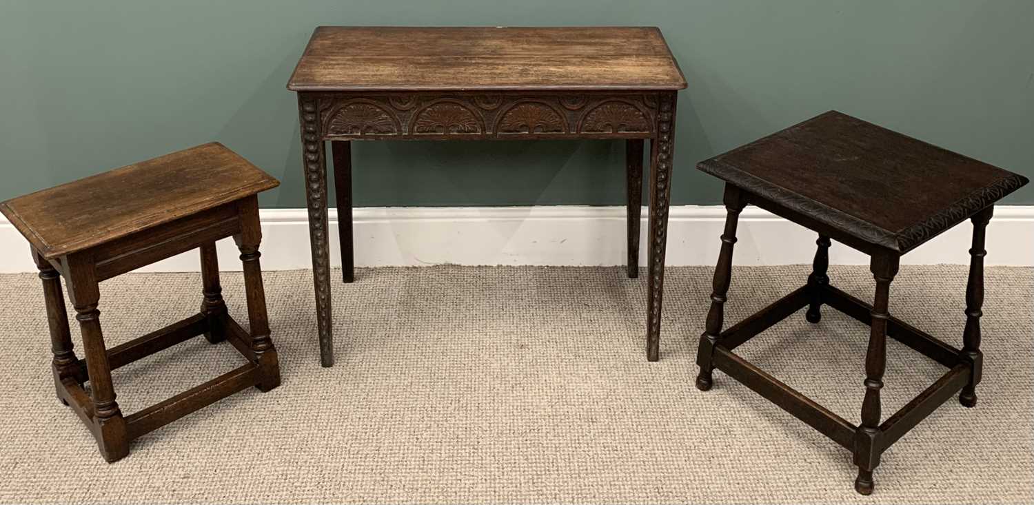 THREE PIECES VINTAGE OAK OCCASIONAL FURNITURE, comprising rectangular top side table, carved frieze,