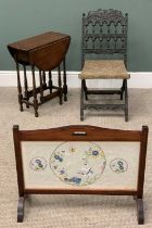 THREE ITEMS OF VINTAGE FURNITURE comprising small oak gateleg table, twin-flap, turned and block