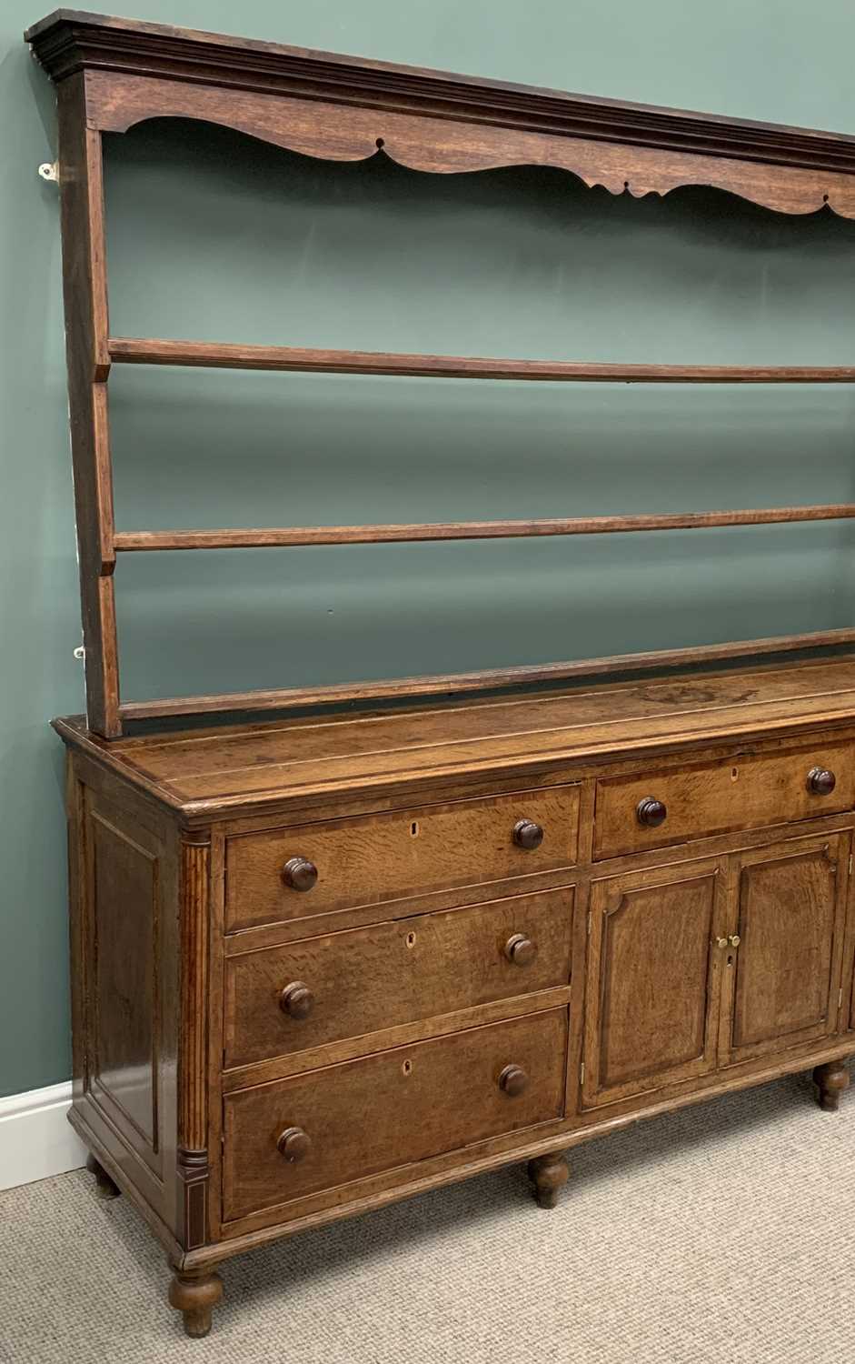 GEORGE III OAK & CROSS BANDED MAHOGANY LANCASHIRE DRESSER, circa 1800, shaped frieze, three shelf - Image 5 of 13