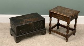 TWO ITEMS OF CARVED OAK FURNITURE, comprising box seat stool, turned and block supports, cross