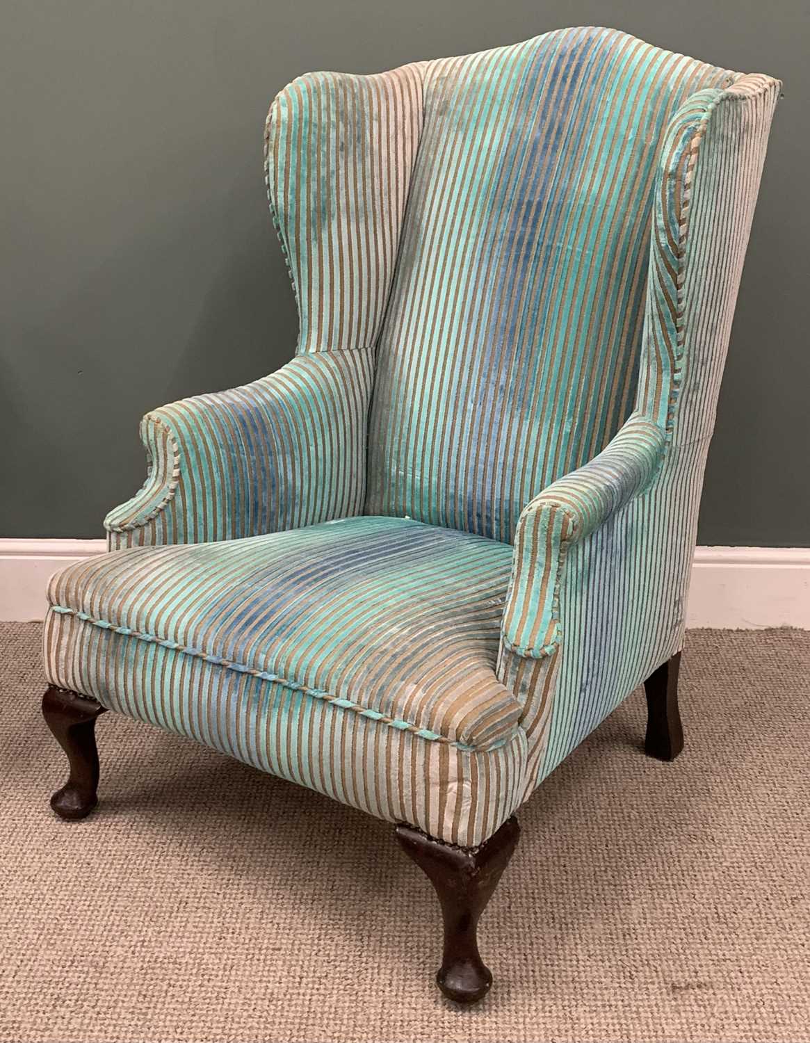 VINTAGE RE-UPHOLSTERED WINGBACK ARMCHAIR, blue striped chenille, oversized seat, Queen Anne front - Image 2 of 4