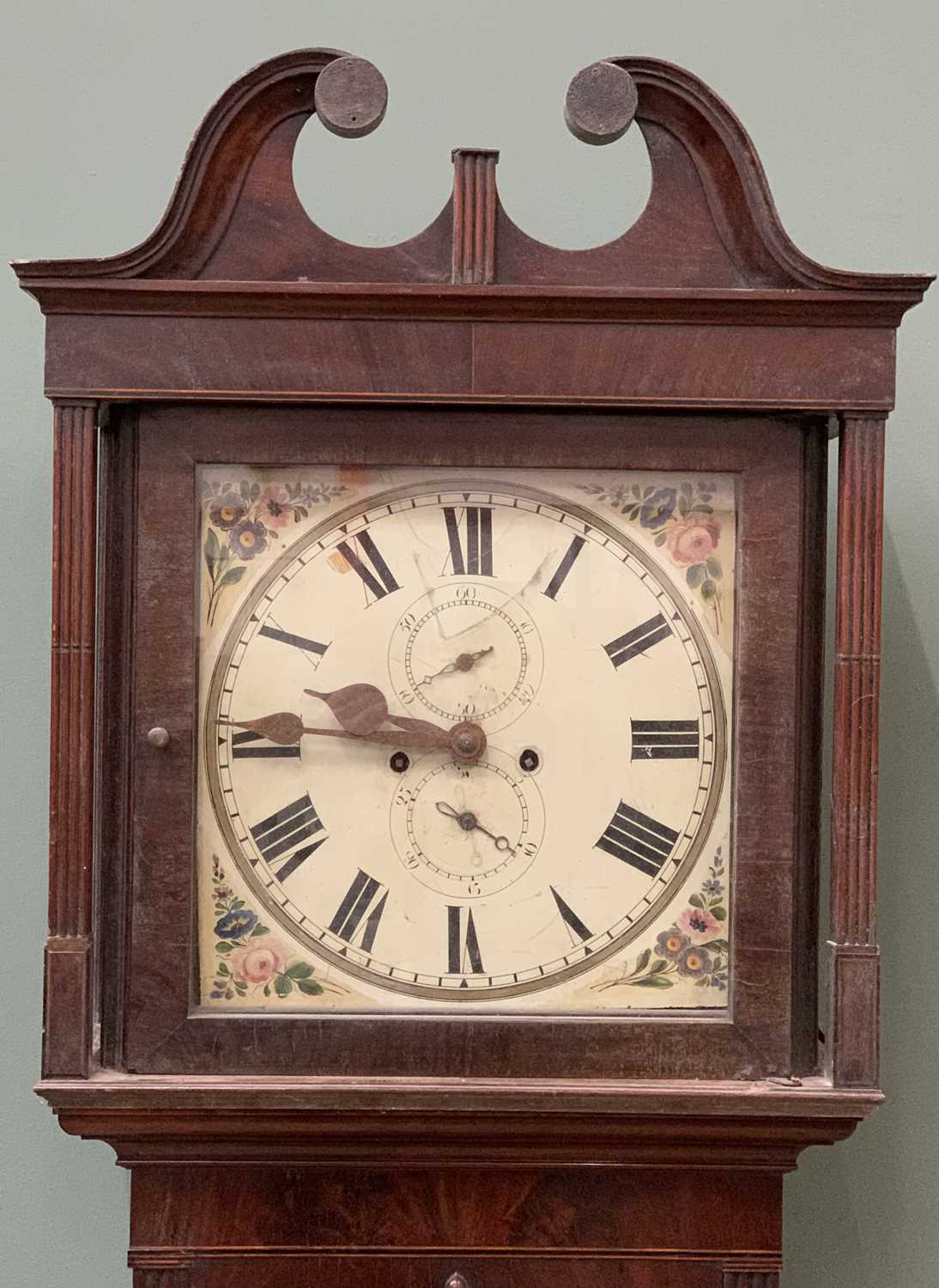 ANTIQUE MAHOGANY LONGCASE CLOCK painted dial, eight-day movement, (pendulum and weights included),