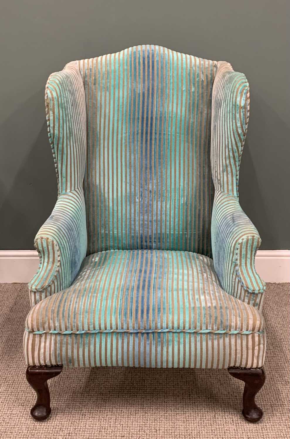 VINTAGE RE-UPHOLSTERED WINGBACK ARMCHAIR, blue striped chenille, oversized seat, Queen Anne front