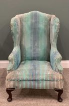 VINTAGE RE-UPHOLSTERED WINGBACK ARMCHAIR, blue striped chenille, oversized seat, Queen Anne front