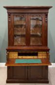 VICTORIAN MAHOGANY SECRETAIRE BOOKCASE, carved corbel details and upper door moulding, twin glazed