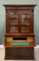 VICTORIAN MAHOGANY SECRETAIRE BOOKCASE, carved corbel details and upper door moulding, twin glazed