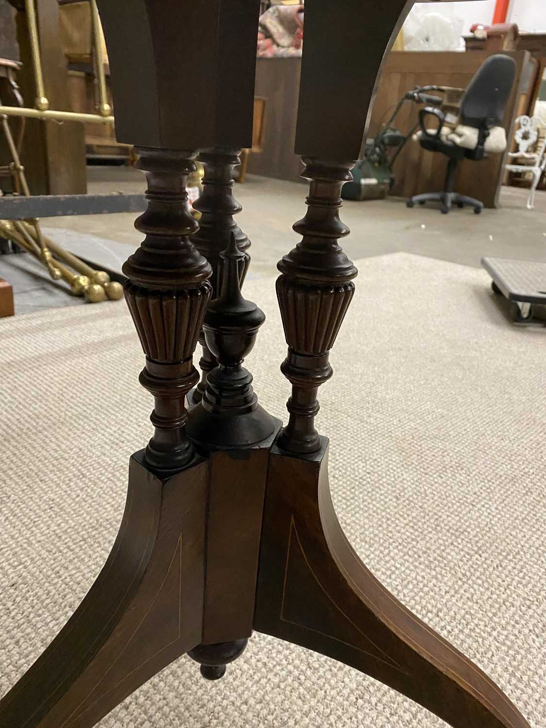 CIRCULAR TOP INLAID ROSEWOOD SIDE TABLE, circa 1900, floriate central roundel, triple urn shaped - Image 4 of 4