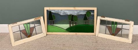 THREE STAINED GLASS PANELS, stylised trees, modern frame, 50 x 91cms overall, two upper window