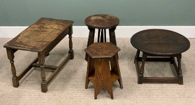 FOUR VINTAGE & LATER OAK SIDE TABLES comprising Priory style coffee table, turned and block