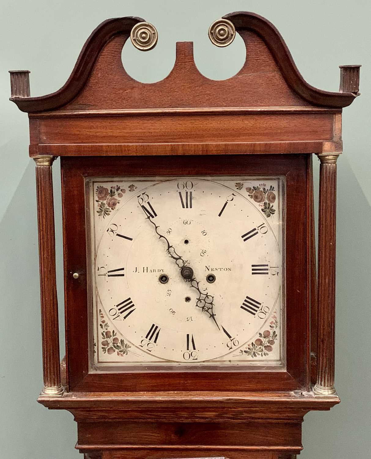 OAK & MAHOGANY LONGCASE CLOCK circa 1830, 13in square painted enamel dial, eight day bell strike