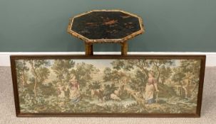 VICTORIAN BAMBOO SIDE TABLE & A FRAMED MODERN TAPESTRY, octagonal top, lacquered bird and floral