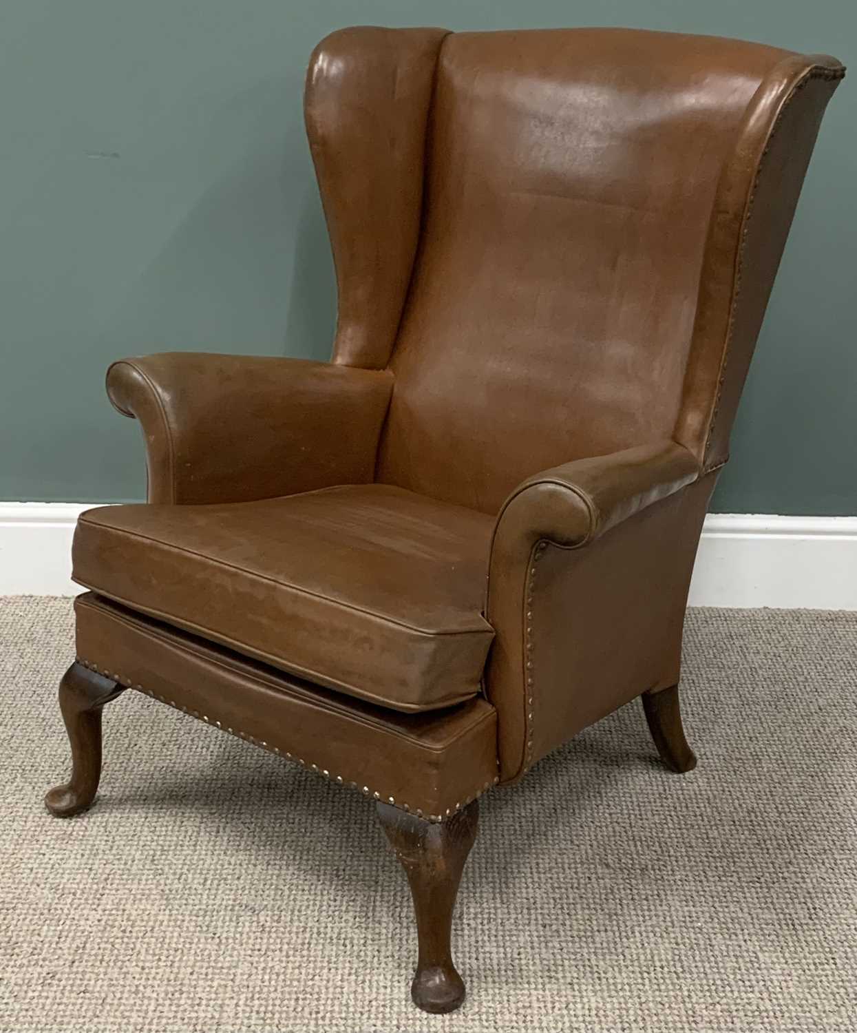 PARKER KNOLL WINGBACK ARMCHAIR in brown leather-effect, curled arm ends, metal button detail, - Image 2 of 5