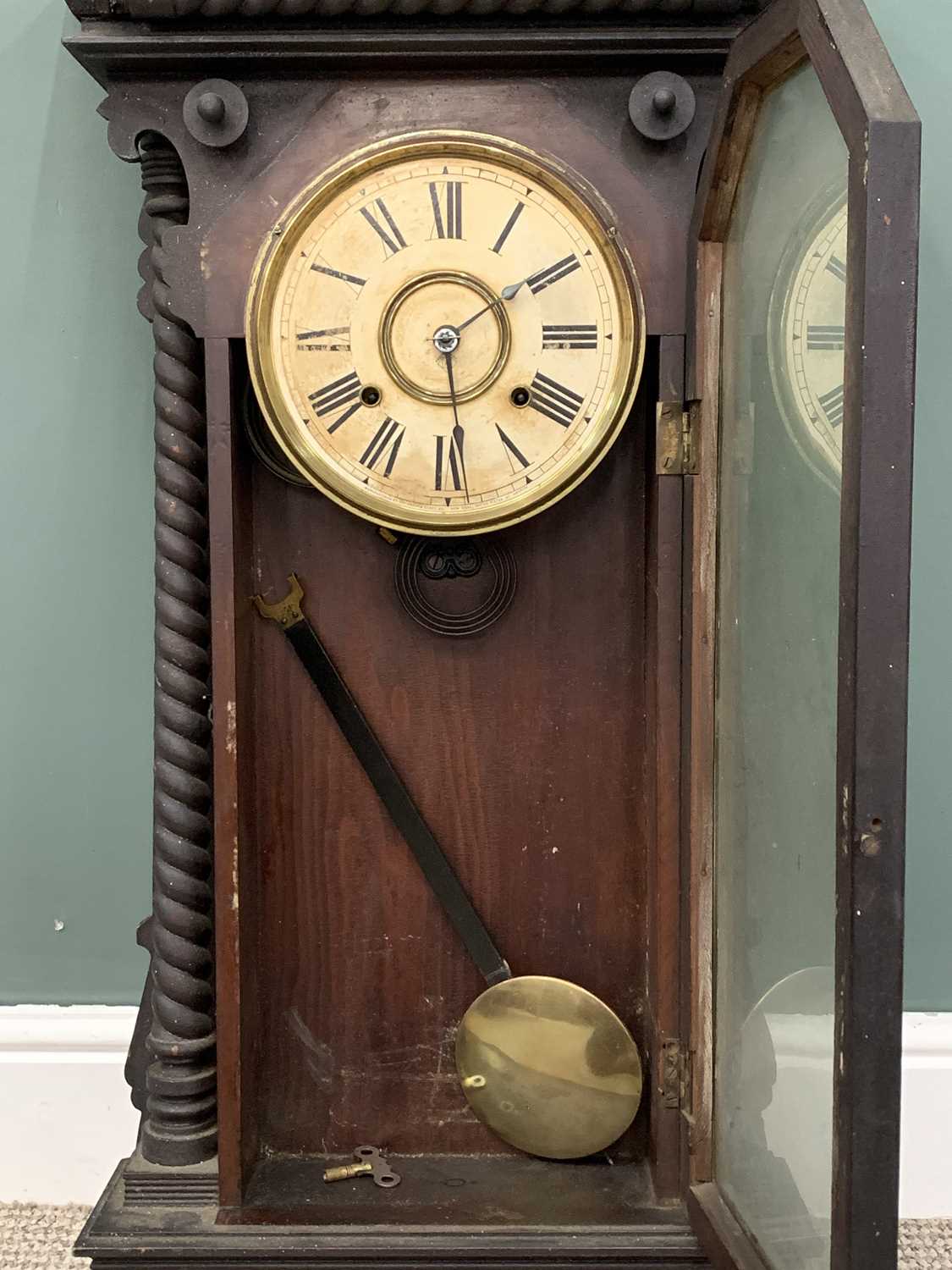 ANSONIA VIENNA TYPE WALL CLOCK & A LLOYD LOOM STYLE UNDERBED STORAGE BOX, stained wood clock case, - Image 2 of 7