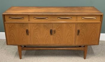 G PLAN MID-CENTURY TEAK SIDEBOARD, three frieze drawers, four lower cupboard doors, open stand base,