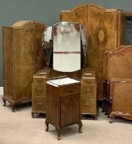 SIX PIECE FIGURED WALNUT BEDROOM SUITE, comprising gents double-door wardrobe, 199 (h) x 128 (w) x