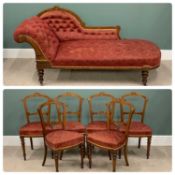 SEVEN PIECE INLAID WALNUT PARLOUR SUITE, late Victorian, comprising button back upholstered chaise