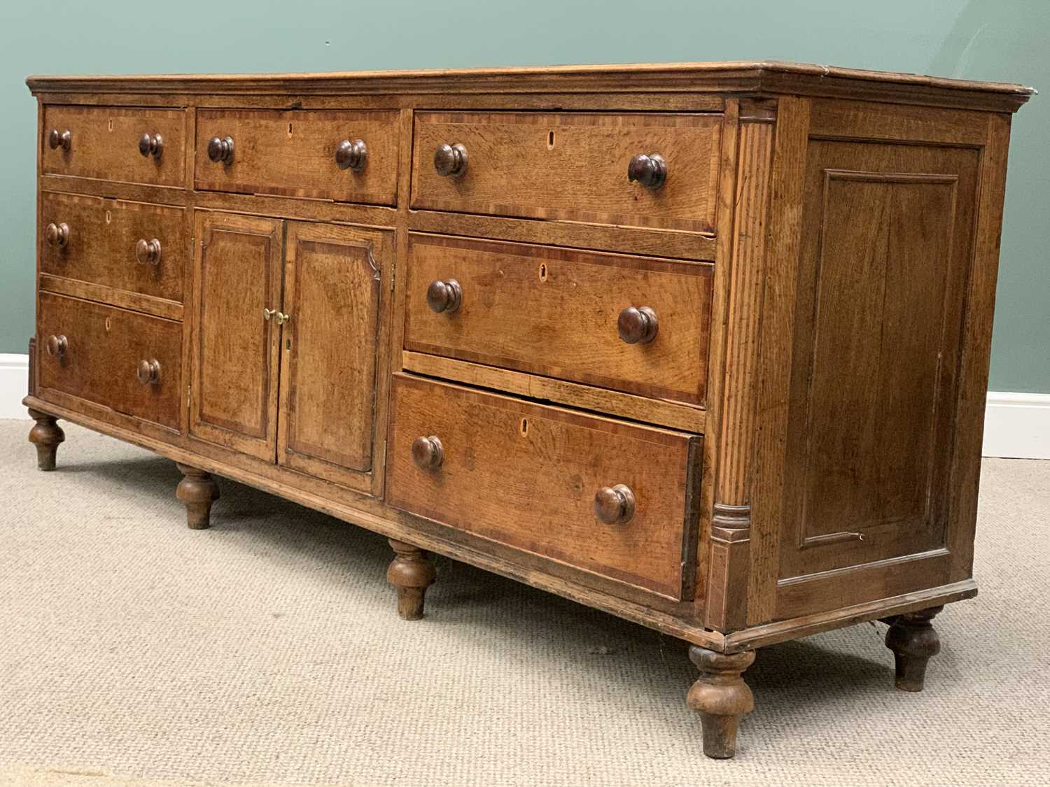 GEORGE III OAK & CROSS BANDED MAHOGANY LANCASHIRE DRESSER, circa 1800, shaped frieze, three shelf - Image 8 of 13