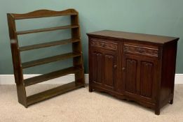 PRIORY STYLE OAK SIDEBOARD BASE & A VINTAGE OAK WATERFALL BOOKSHELF, two drawers, two linenfold