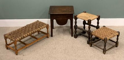 FOUR VINTAGE STOOLS comprising antique oak commode stool, cleated end lift-lid, potty aperture,