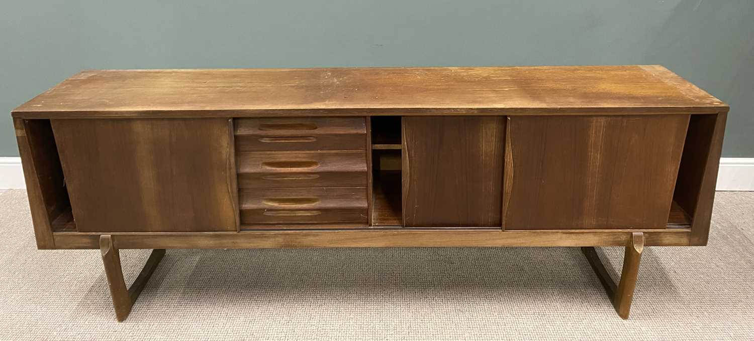 EON MID CENTURY TEAK LONG SIDEBOARD, three sliding cupboard doors, interior shelves, three opening