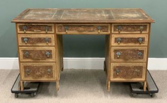 WALNUT TWIN PEDESTAL DESK 20th Century (for restoration), gilt tooled brown leather insert,