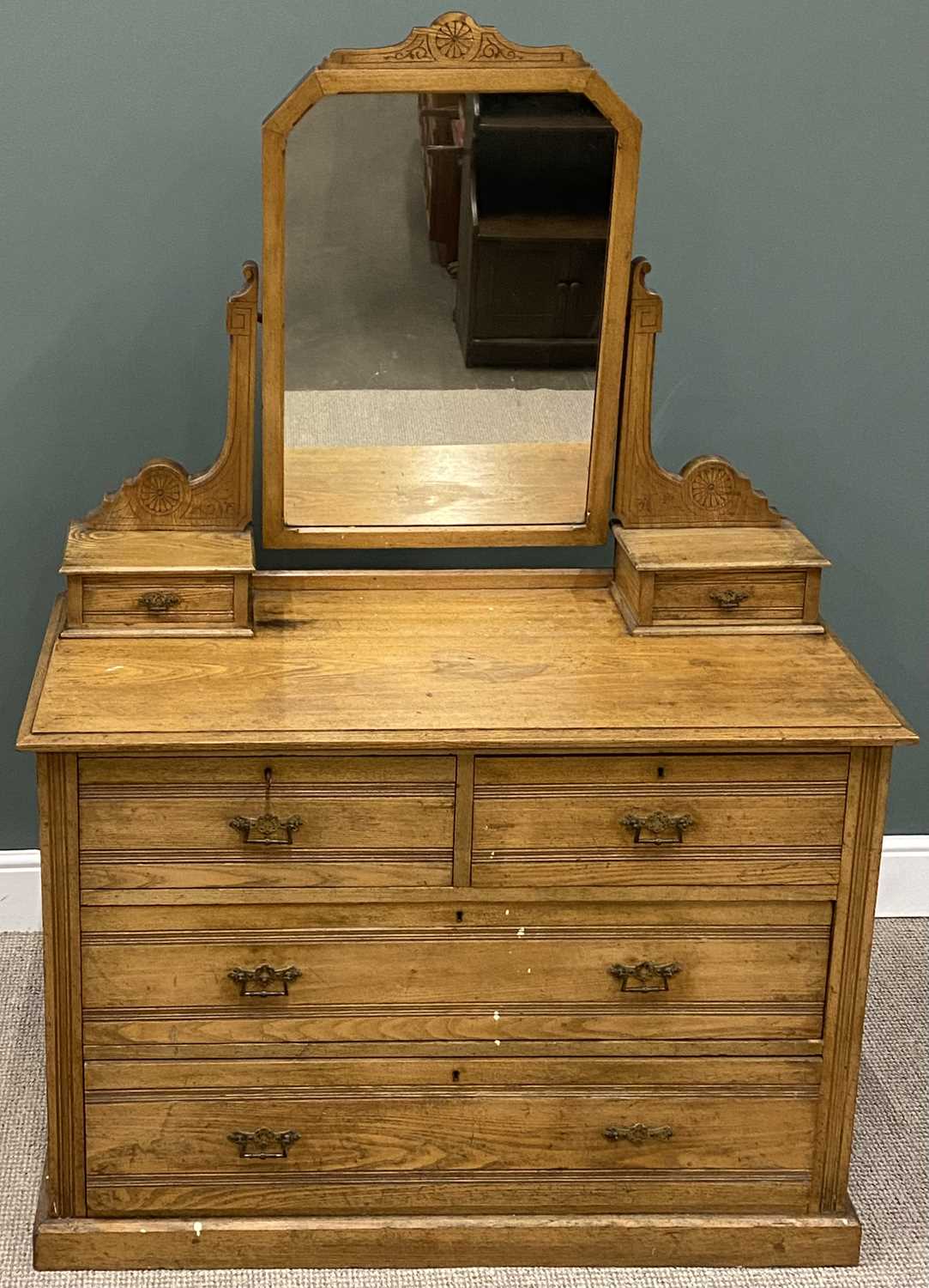 VICTORIAN BLONDE OAK MIRRORED DRESSING CHEST, shaped upper mirror and supports, two box drawers,