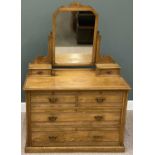 VICTORIAN BLONDE OAK MIRRORED DRESSING CHEST, shaped upper mirror and supports, two box drawers,