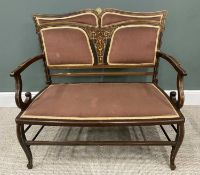 INLAID MAHOGANY TWO SEATER SALON SETTEE, ribbon, floral and swag inlay, upholstered back pads and