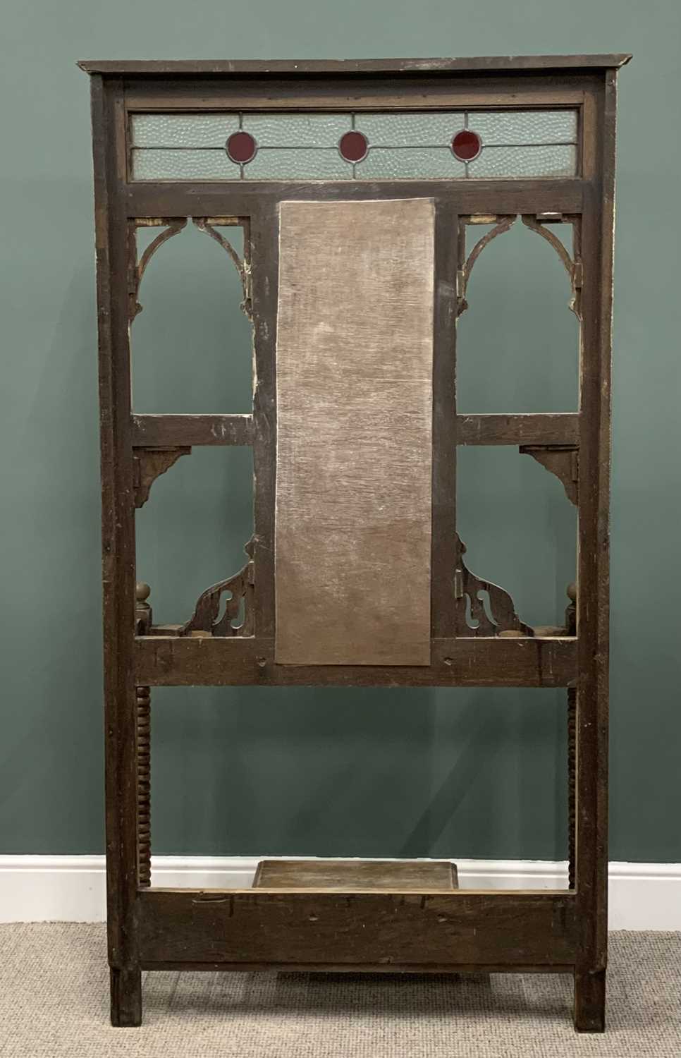 OAK MIRRORED HALL STAND, stained and leaded glass upper panel, twin curved brolley/stick - Image 5 of 5