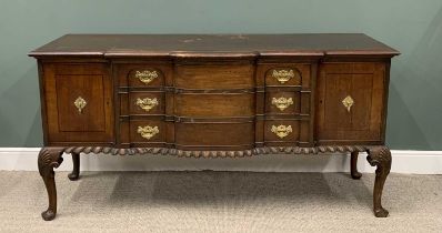 SUBSTANTIAL REGENCY STYLE SIDEBOARD shaped upper moulding, three long oak lined central drawers,