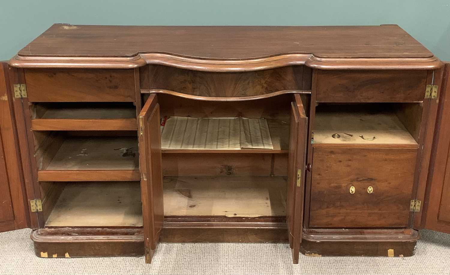 VICTORIAN MAHOGANY SERPENTINE SIDEBOARD BASE, shaped moulded edge top, central frieze drawer, twin - Image 2 of 5