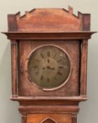 GOTHIC STYLE OAK LONGCASE CLOCK, 14 inch circular brass dial, Roman numerals, subsidiary seconds