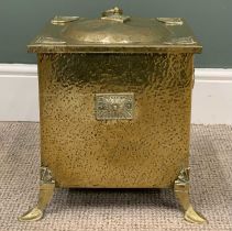 ARTS & CRAFTS STYLE LIDDED BRASS COAL BOX, ring lid lift and carry handles, Egyptian fan type