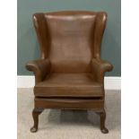PARKER KNOLL WINGBACK ARMCHAIR in brown leather-effect, curled arm ends, metal button detail,