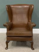PARKER KNOLL WINGBACK ARMCHAIR in brown leather-effect, curled arm ends, metal button detail,