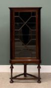 REPRODUCTION MAHOGANY CORNER DISPLAY CABINET ON STAND, one piece, dentil moulding cornice, 13 pane