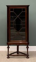 REPRODUCTION MAHOGANY CORNER DISPLAY CABINET ON STAND, one piece, dentil moulding cornice, 13 pane