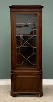 TWO PIECE MAHOGANY CORNER DISPLAY CABINET, 20th Century, dentil cornice, canted corners, 18 pane