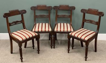 SET OF FOUR REGENCY MAHOGANY CHAIRS, slightly curved crest rails, scrolled and gadroon carving,