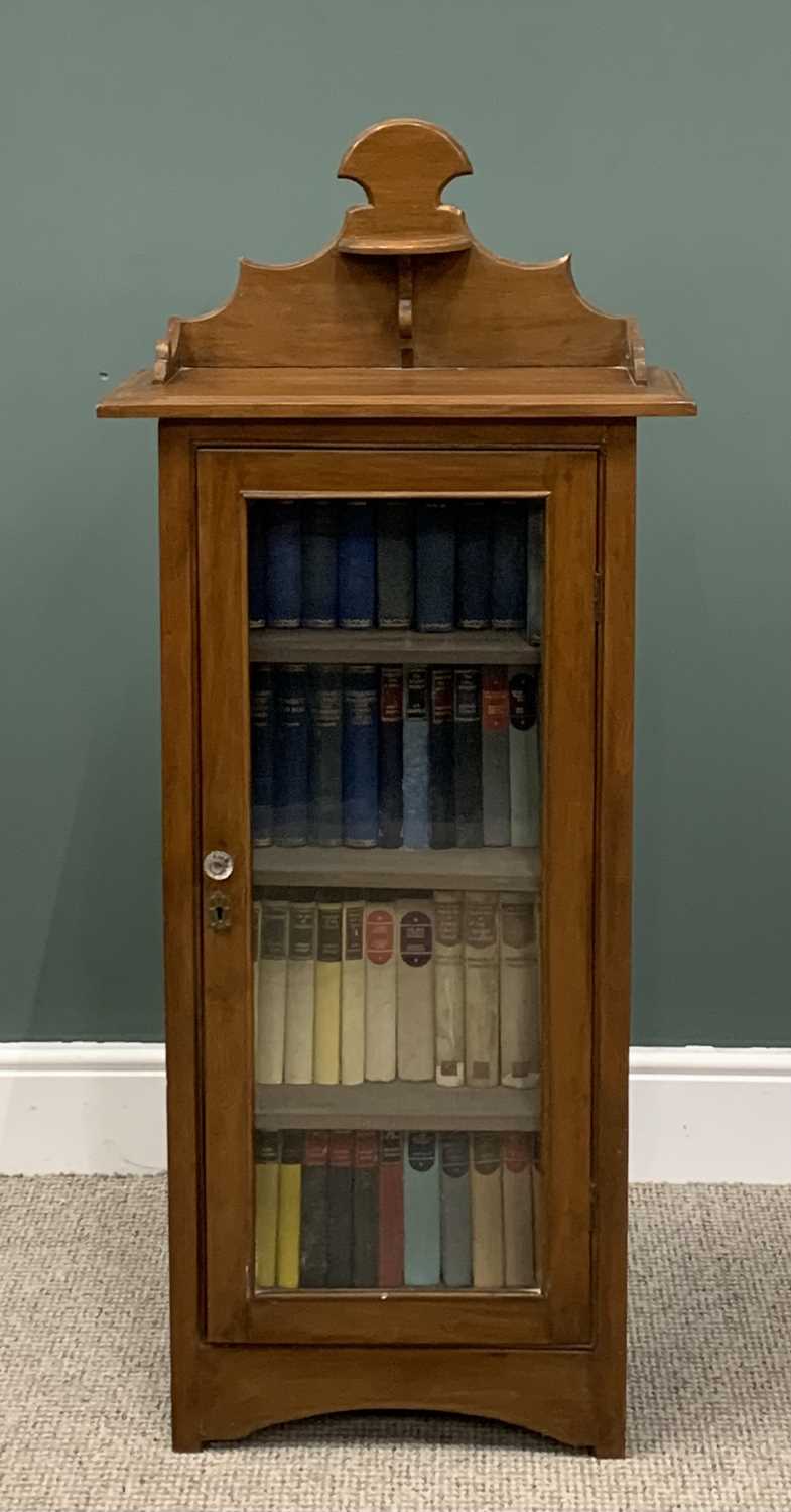 VINTAGE SATIN MAHOGANY CABINET BOOKCASE & CONTENTS, shaped upper three quarter rail with shelf,