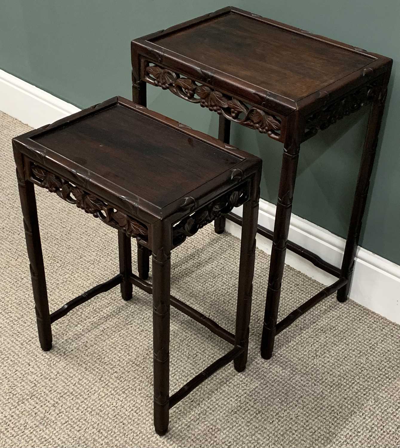 FOUR ORIENTAL TABLES, comprising pair Chinese carved hardwood, leaf and berry frieze detail, - Image 3 of 11