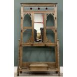 OAK MIRRORED HALL STAND, stained and leaded glass upper panel, twin curved brolley/stick