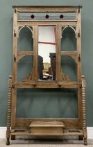OAK MIRRORED HALL STAND, stained and leaded glass upper panel, twin curved brolley/stick