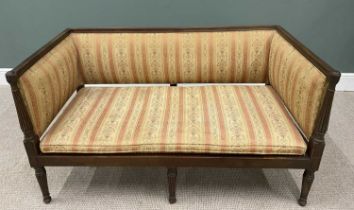 REGENCY MAHOGANY TWO SEATER SETTEE, classical stripe upholstery, loose lift seat pad, reeded top