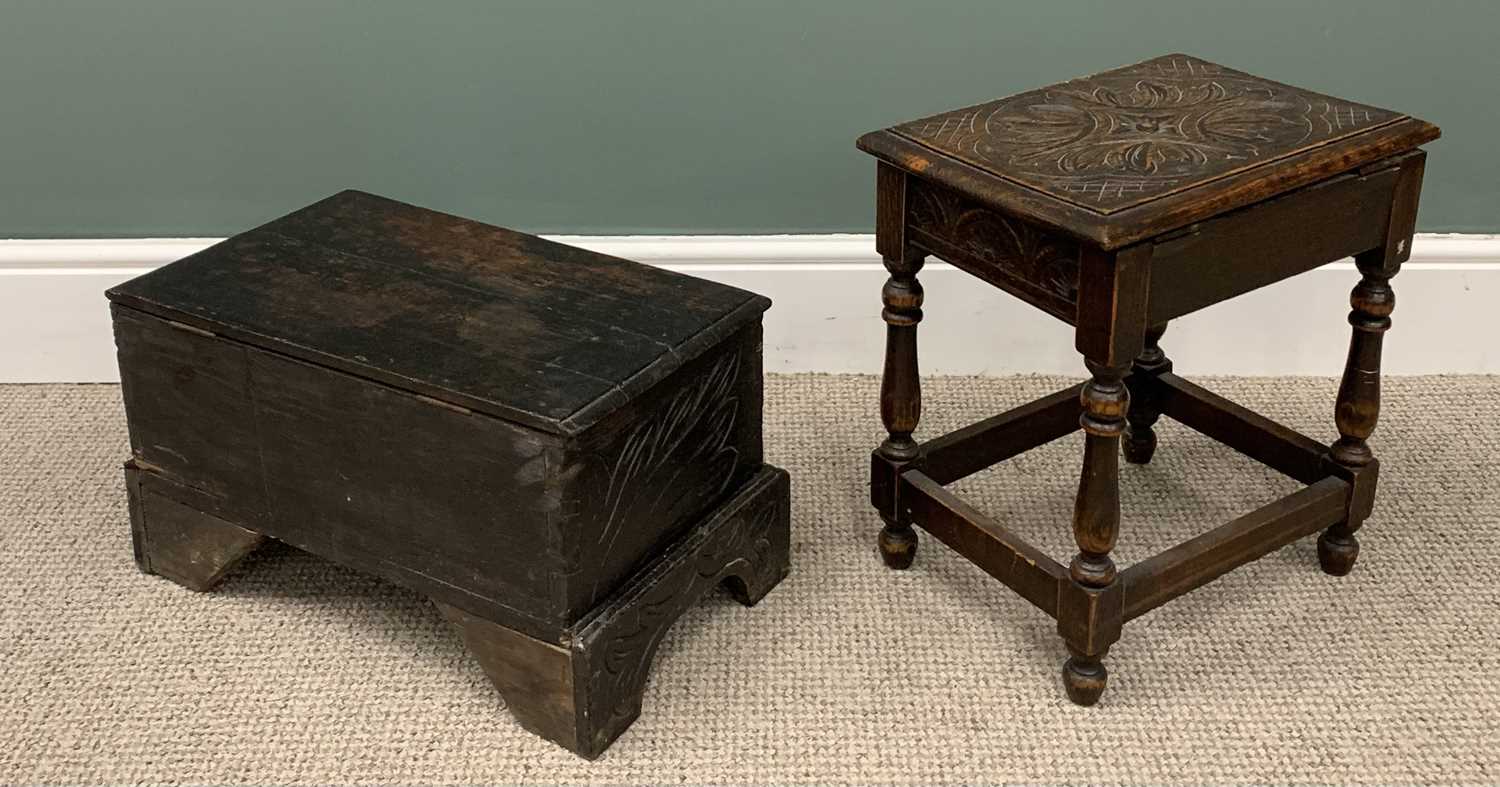 TWO ITEMS OF CARVED OAK FURNITURE, comprising box seat stool, turned and block supports, cross - Image 4 of 4