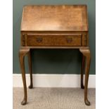 BURR WALNUT LADY'S BUREAU, crossbanded fall front, interior drawer and pigeonholes, single frieze