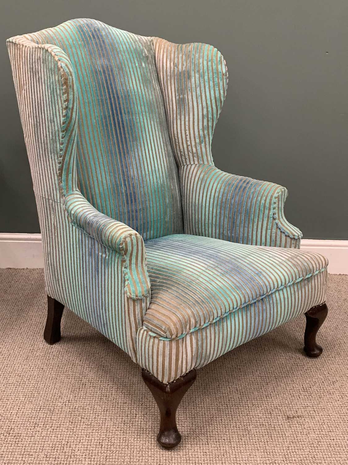 VINTAGE RE-UPHOLSTERED WINGBACK ARMCHAIR, blue striped chenille, oversized seat, Queen Anne front - Image 3 of 4