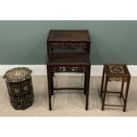 FOUR ORIENTAL TABLES, comprising pair Chinese carved hardwood, leaf and berry frieze detail,