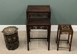 FOUR ORIENTAL TABLES, comprising pair Chinese carved hardwood, leaf and berry frieze detail,